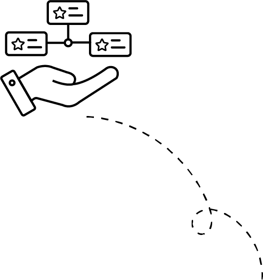 Illustration of a hand supporting a flowchart with three connected star-marked content blocks, symbolizing content curation or task organization, with a dotted path curving outward