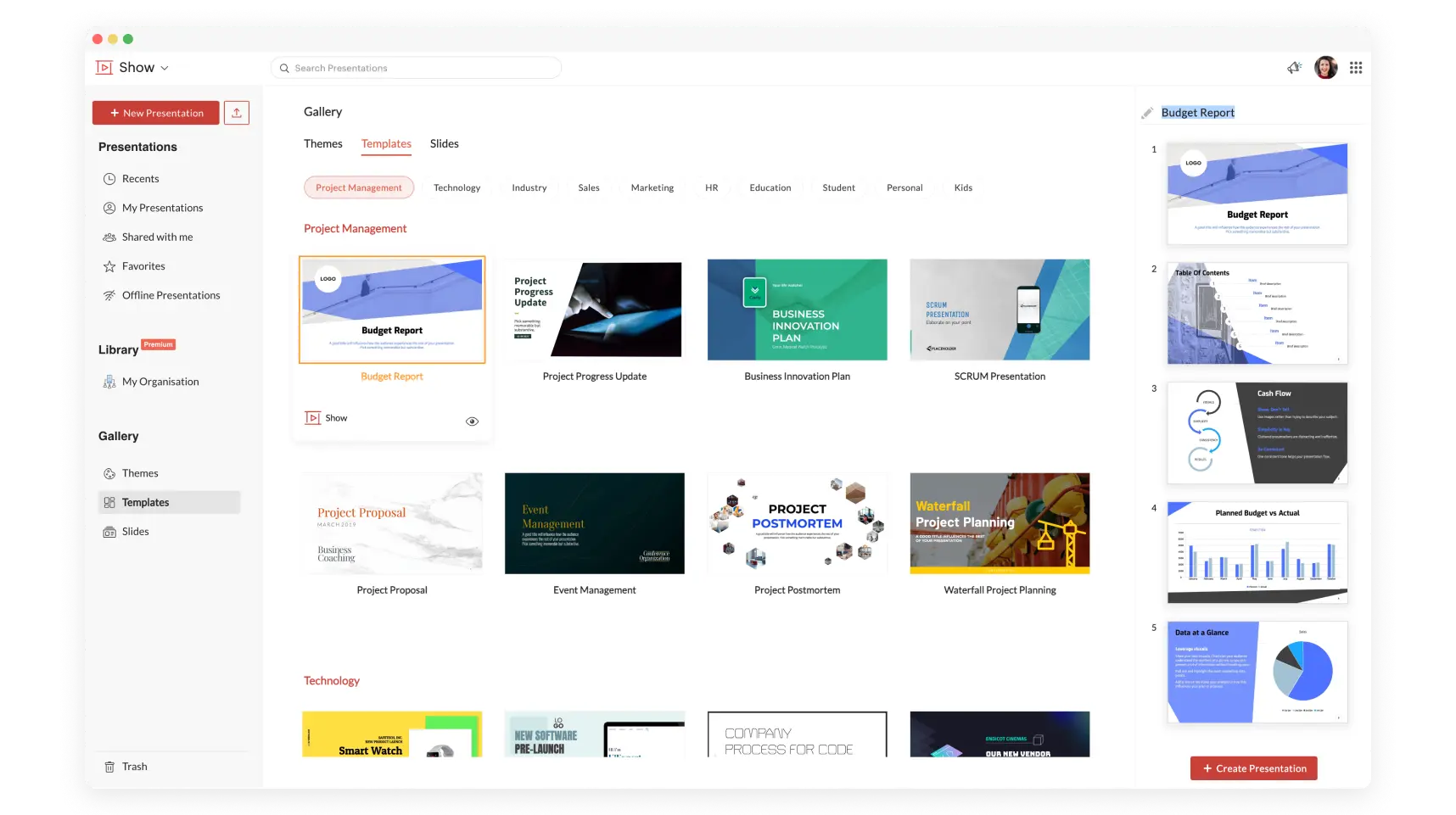 List of Zoho Show templates in the listing screen with the Budget report presentation within the Project Management category selected and a preview of the budget report presentation is displayed