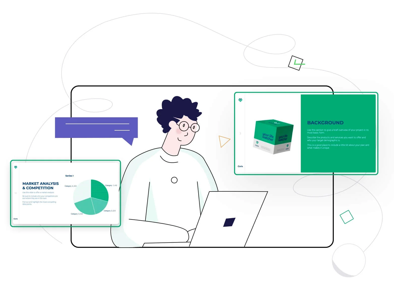 Illustration of a person working on a laptop, surrounded by floating presentation slides showing market analysis charts and product background content