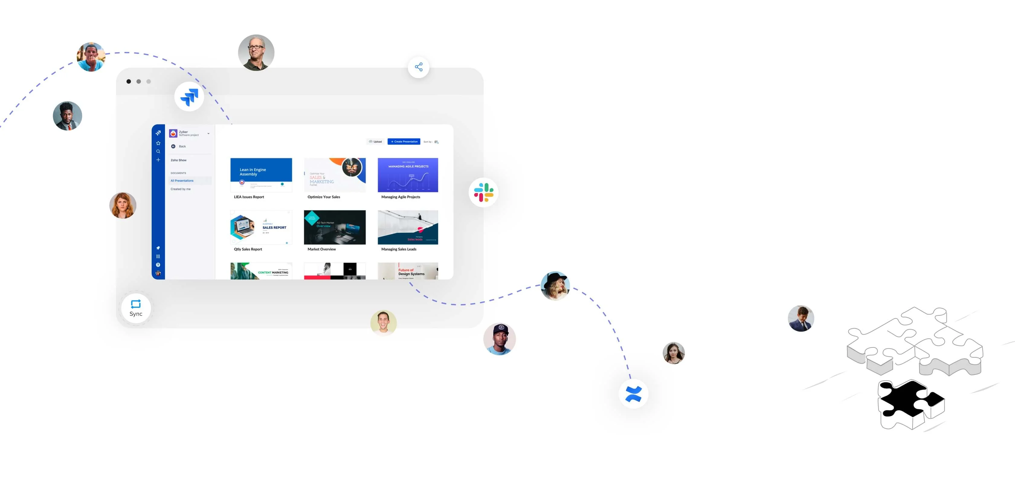 Zoho Show dashboard with presentation templates, team collaboration, and app integrations like Slack and Confluence