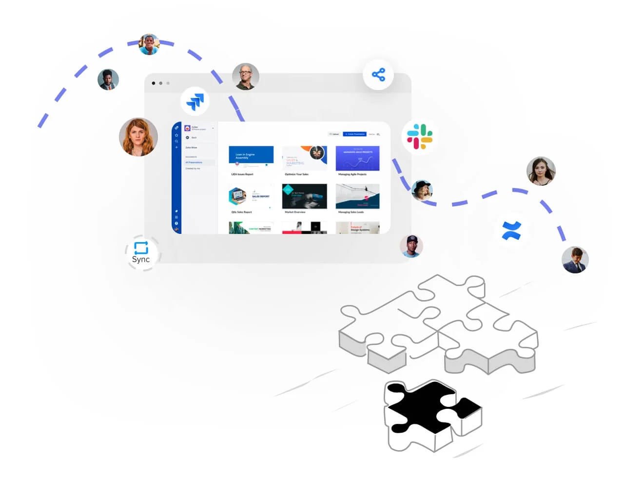 Zoho Show dashboard with presentation templates, team collaboration, and app integrations like Slack and Confluence