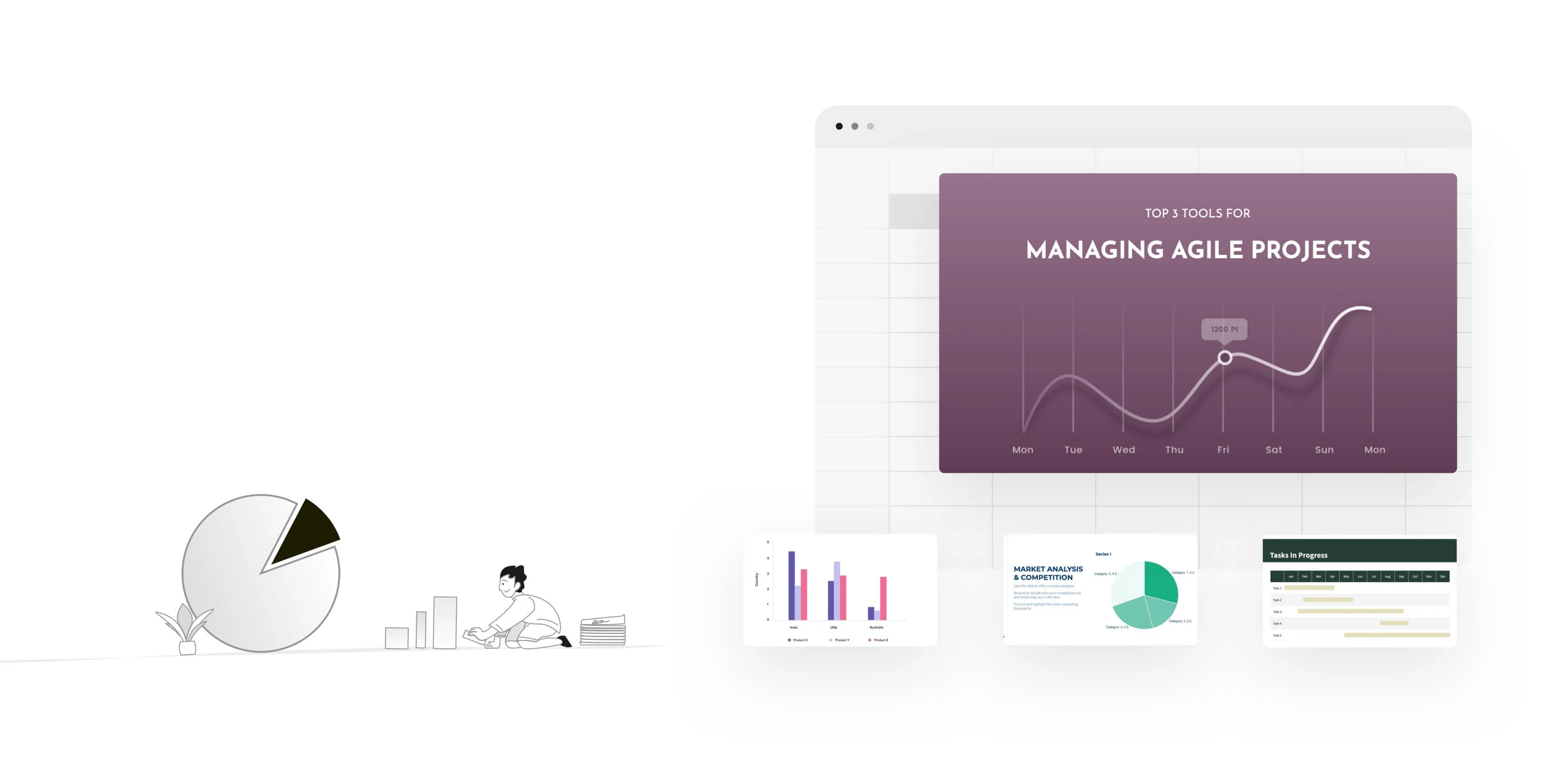 An illustration of a person with files, and a chart being displayed. On the right, a few Show's project presentation slides are displayed