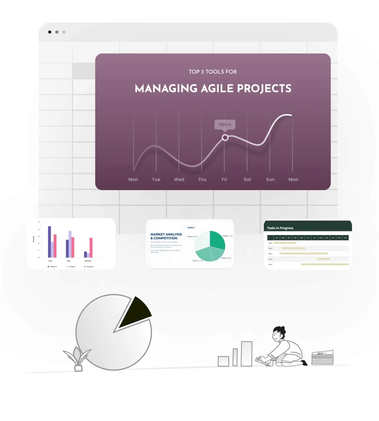 An illustration of a person with files, and a chart being displayed. On the right, a few Show's project presentation slides are displayed