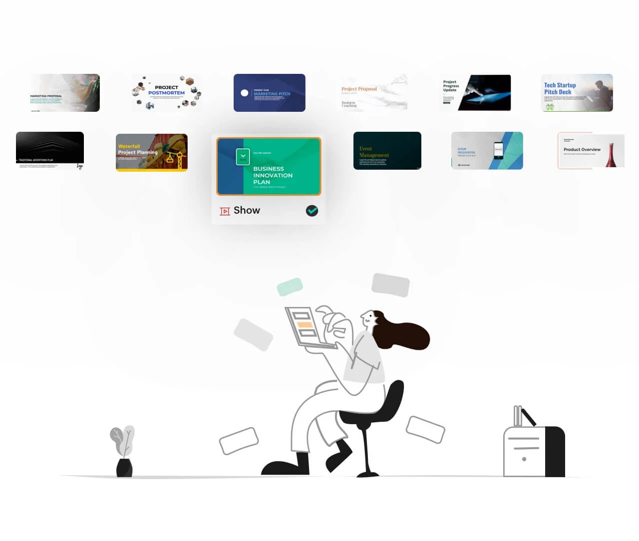 Illustration of a user browsing professional presentation templates in Zoho Show, featuring a variety of business and project planning slide designs