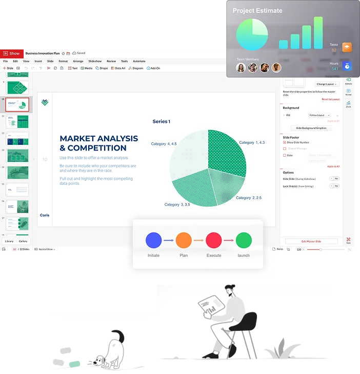 A slide displaying a project plan with stages and timelines, alongside project estimate stats, team avatars, and a workflow diagram. An illustration of a person reading and a dog playing appears on the right