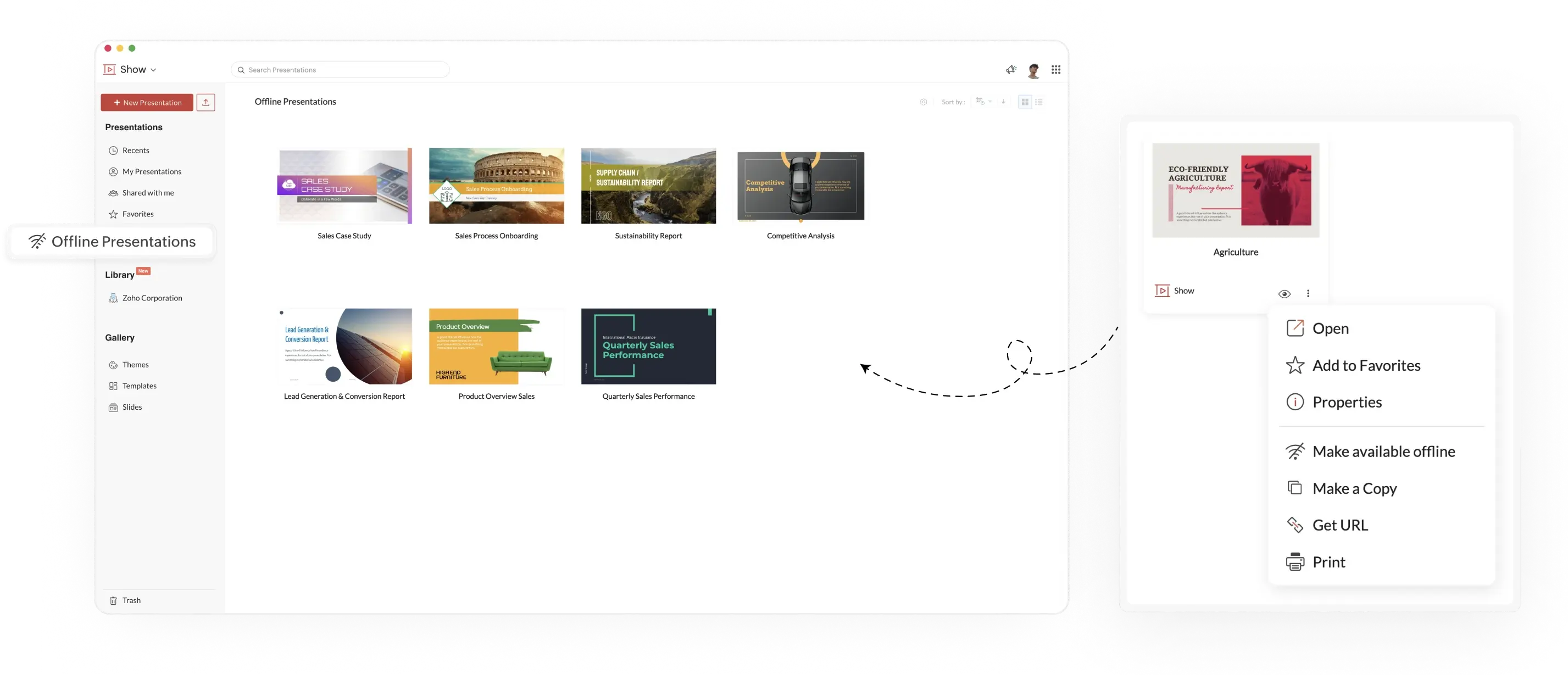 Show's listing screen with Offline presentations tab being highlighted and Eco friendly presentation template selected