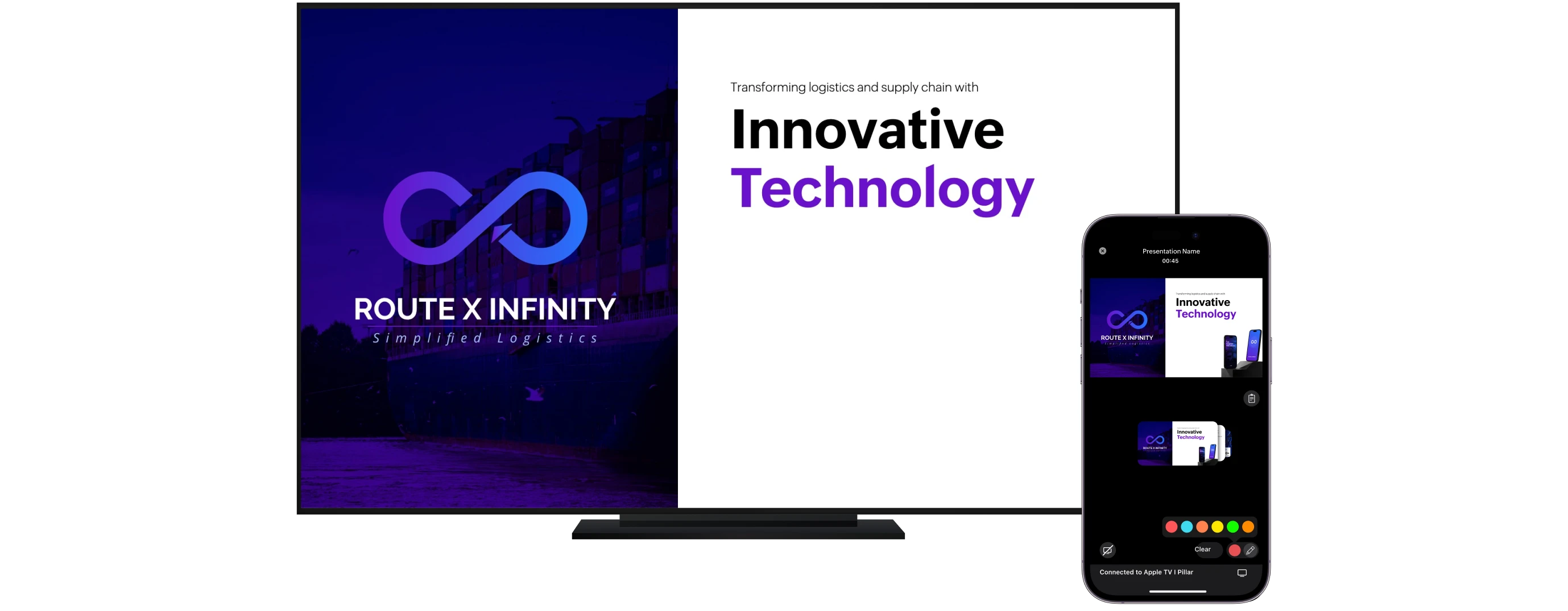 Presenter using mobile device to control a logistics-themed presentation titled 'Route X Infinity: Simplified Logistics' with the message ‘Transforming logistics and supply chain with Innovative Technology’ displayed on a large screen.