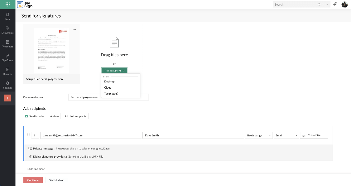 Adding documents and recipients