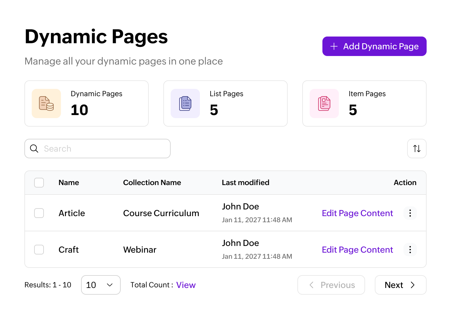 Dynamic Pages management table listing collections