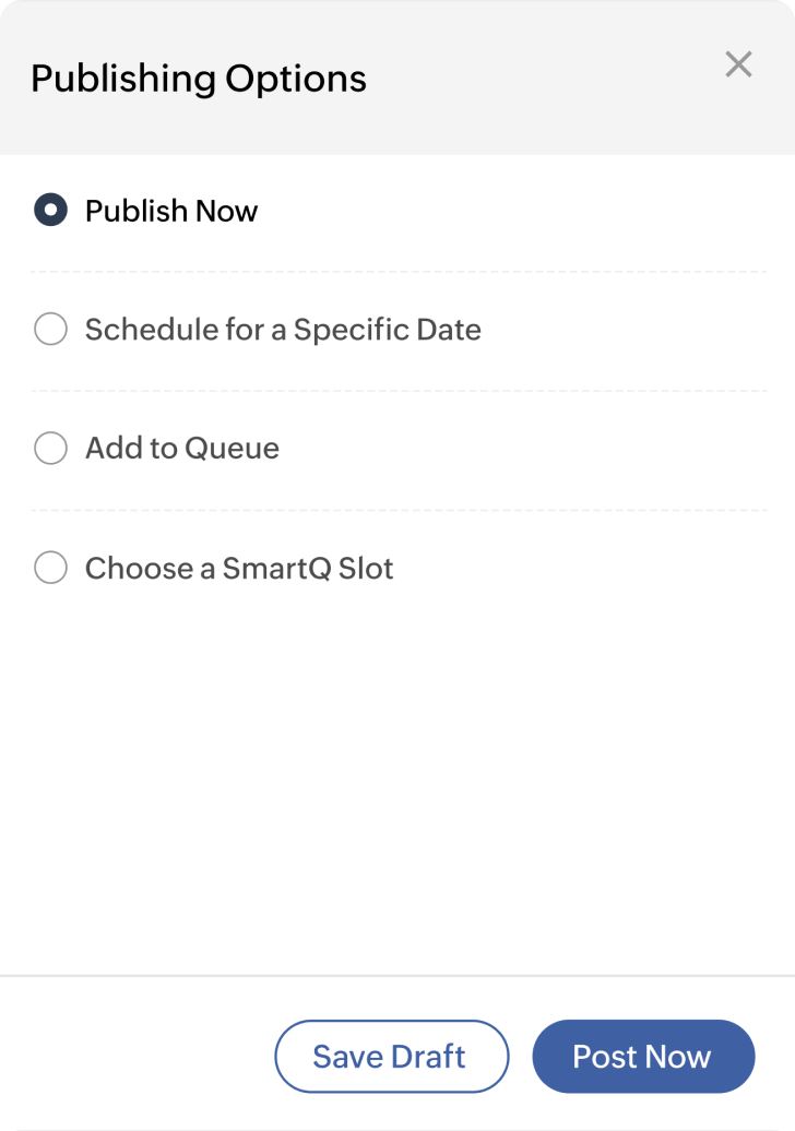 Zoho Social publishing options.