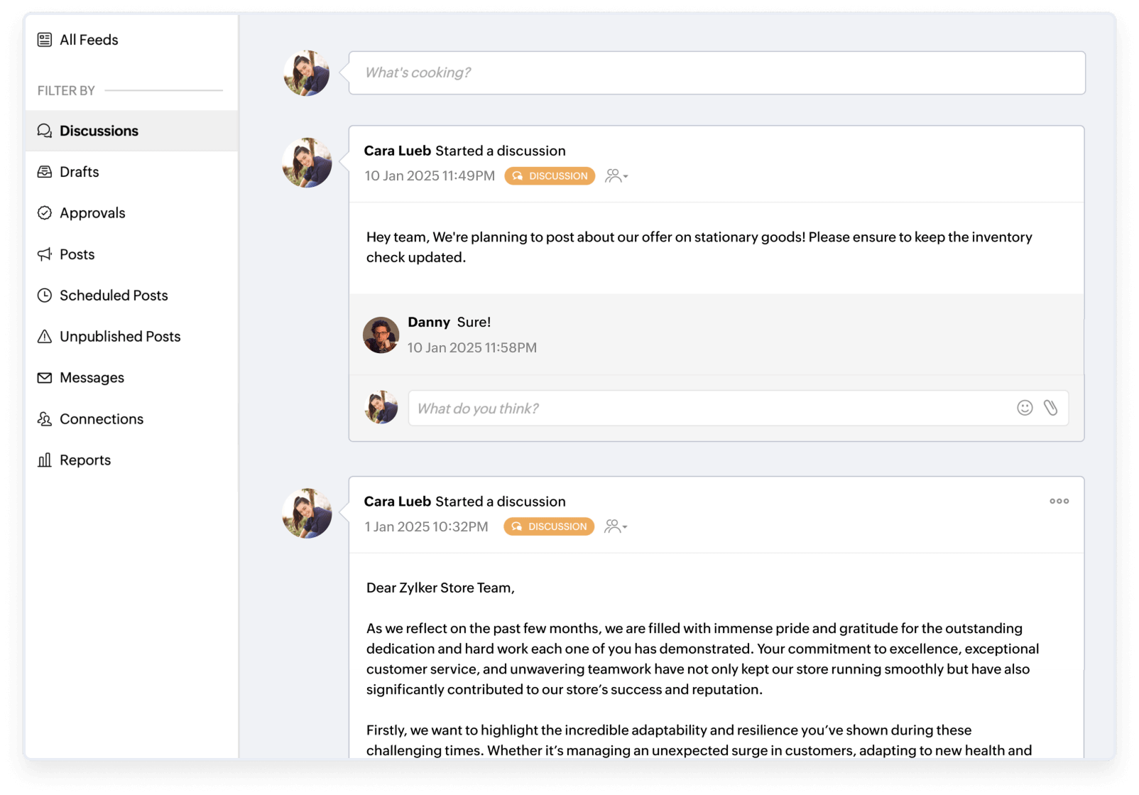 Zoho Social collaboration features.