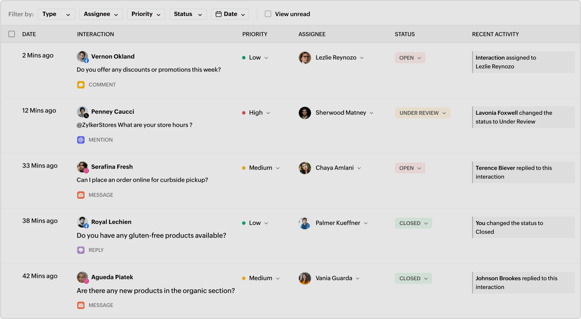 Zoho Social interactions inbox.