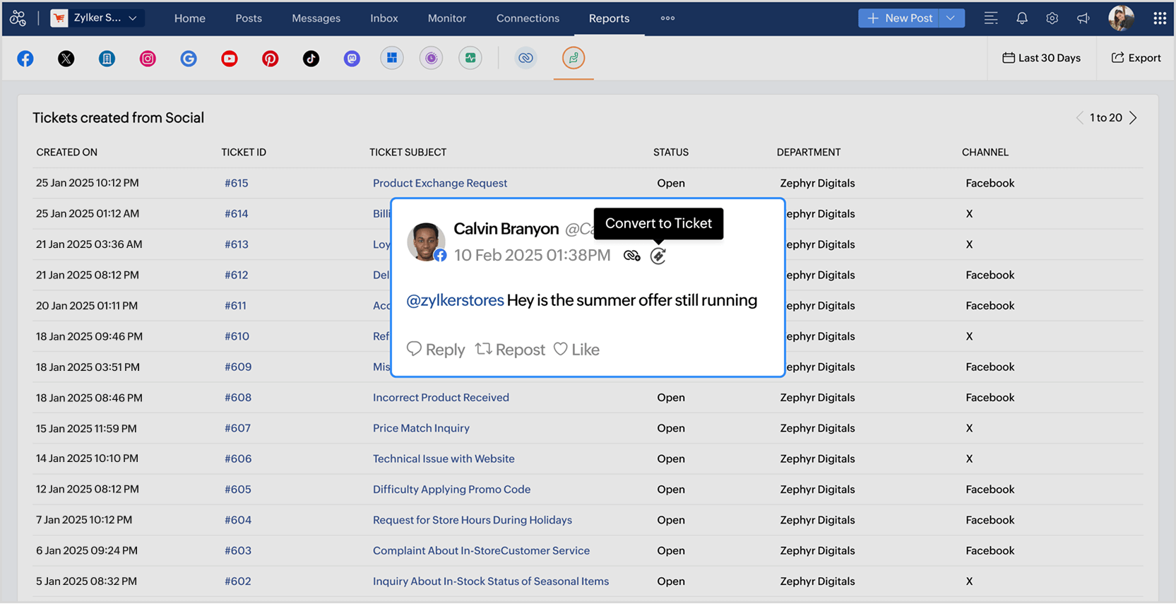  Zoho Social ticket creation.