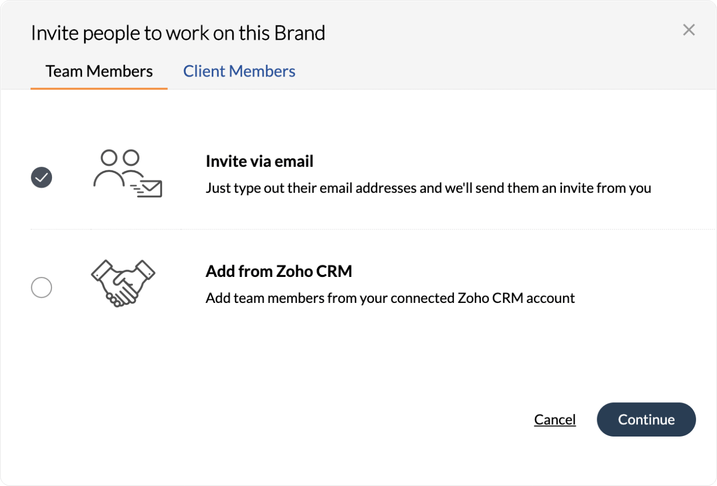 Team member invitation options.