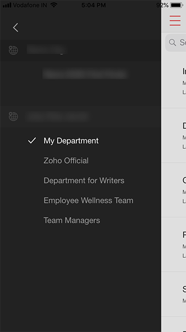 Zoho Survey iOS app departments