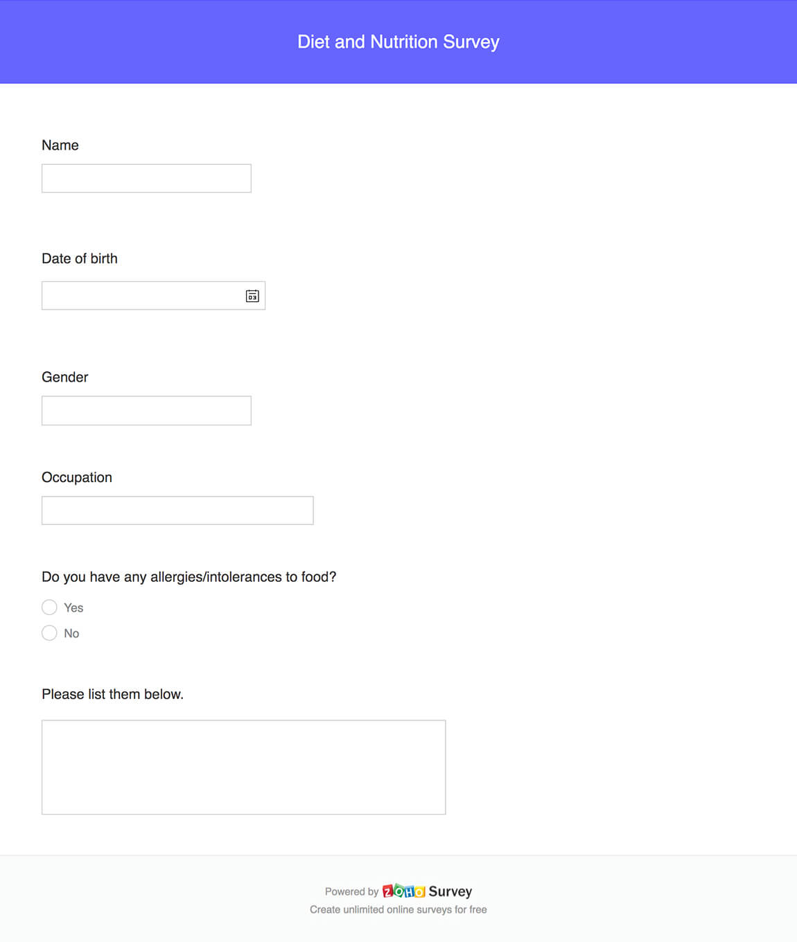 Diet and nutrition survey questionnaire template