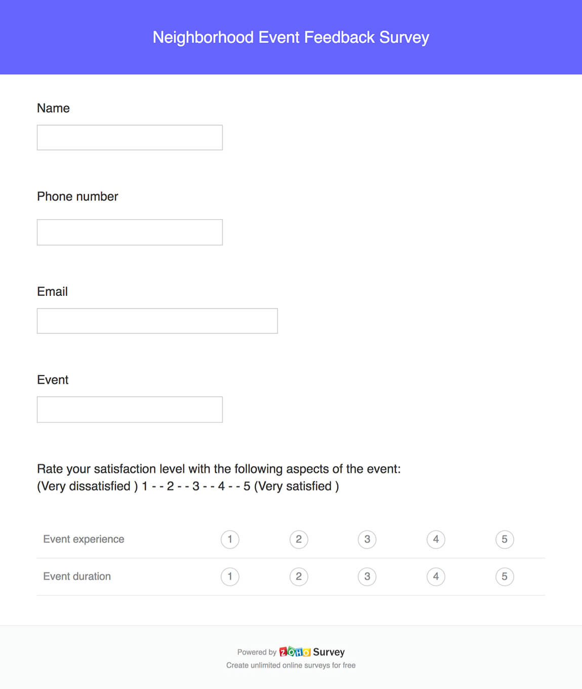 Neighborhood event feedback survey questionnaire template