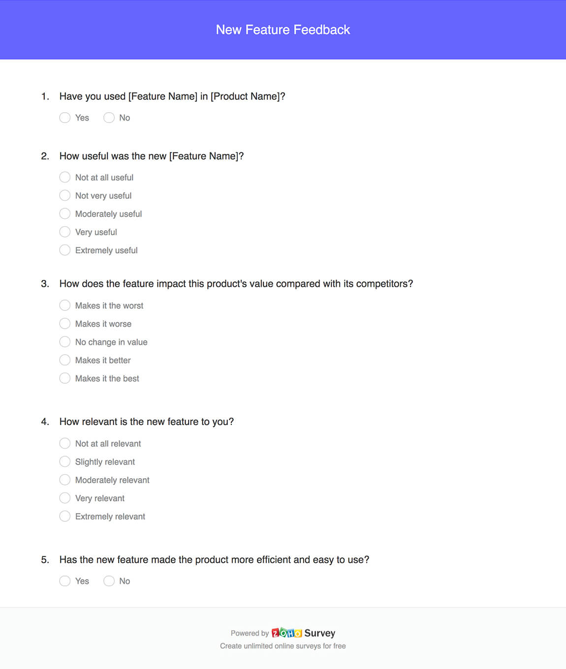 New feature feedback survey questionnaire template