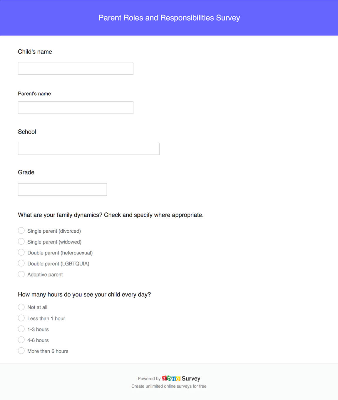 Parent roles and responsibilites survey questionnaire template