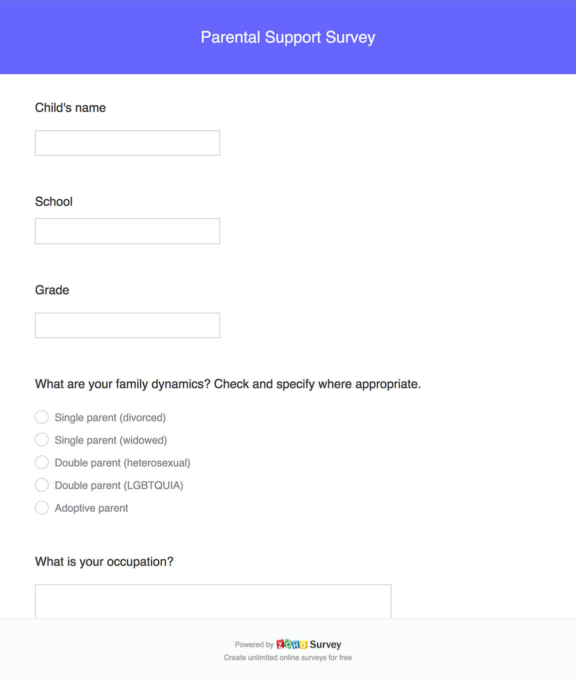 Parental support survey questionnaire template