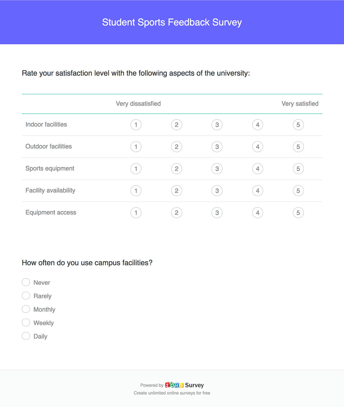 Student sports feedback survey questionnaire template