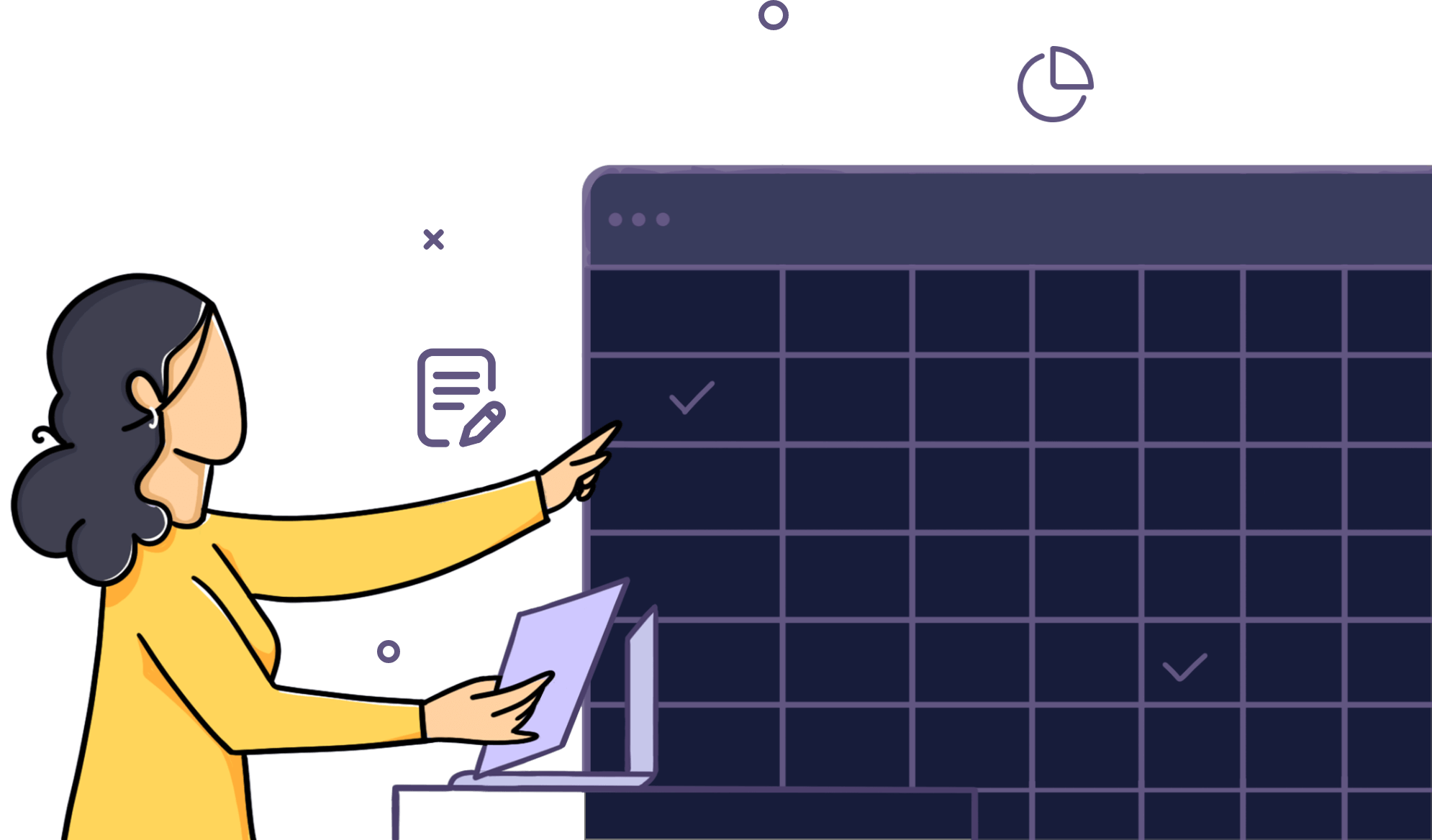 Illustration of a woman pointing at a spreadsheet interface