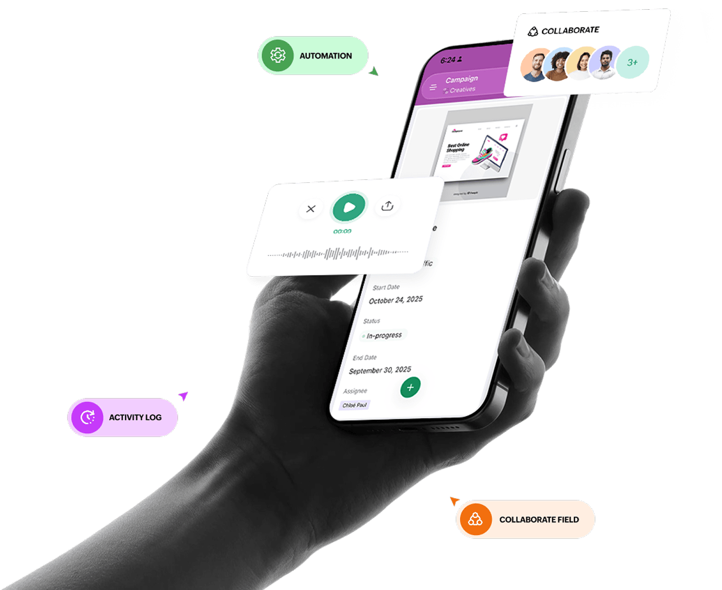 A hand holding a phone running Zoho Tables, with floating feature labels for automation, collaboration, activity log, and audio records