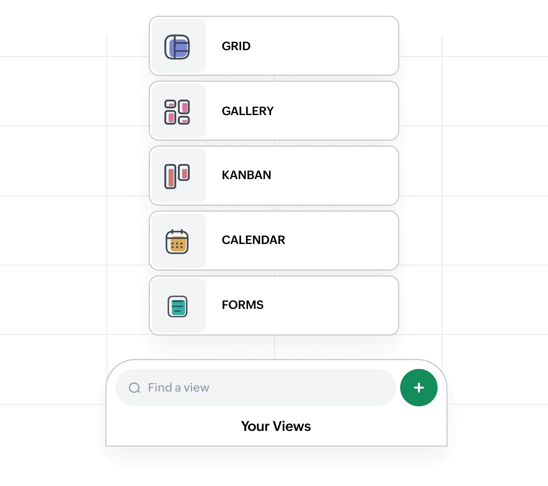 Grid, Gallery, Kanban, Calendar, and Form views in Zoho Tables