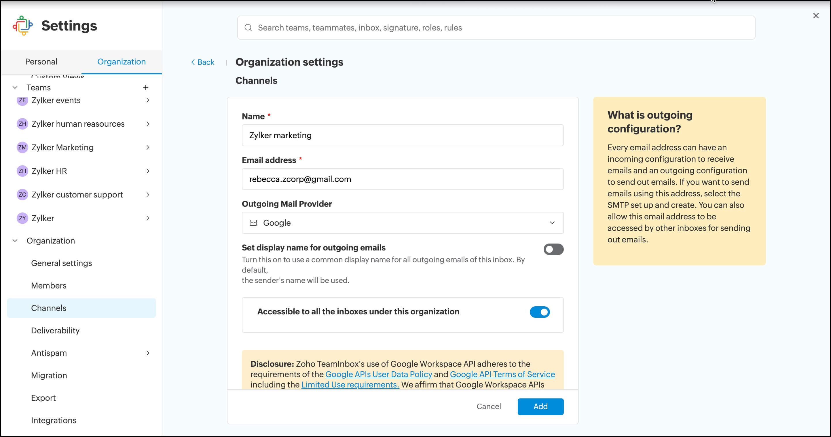 Google outgoing email channel configuration 