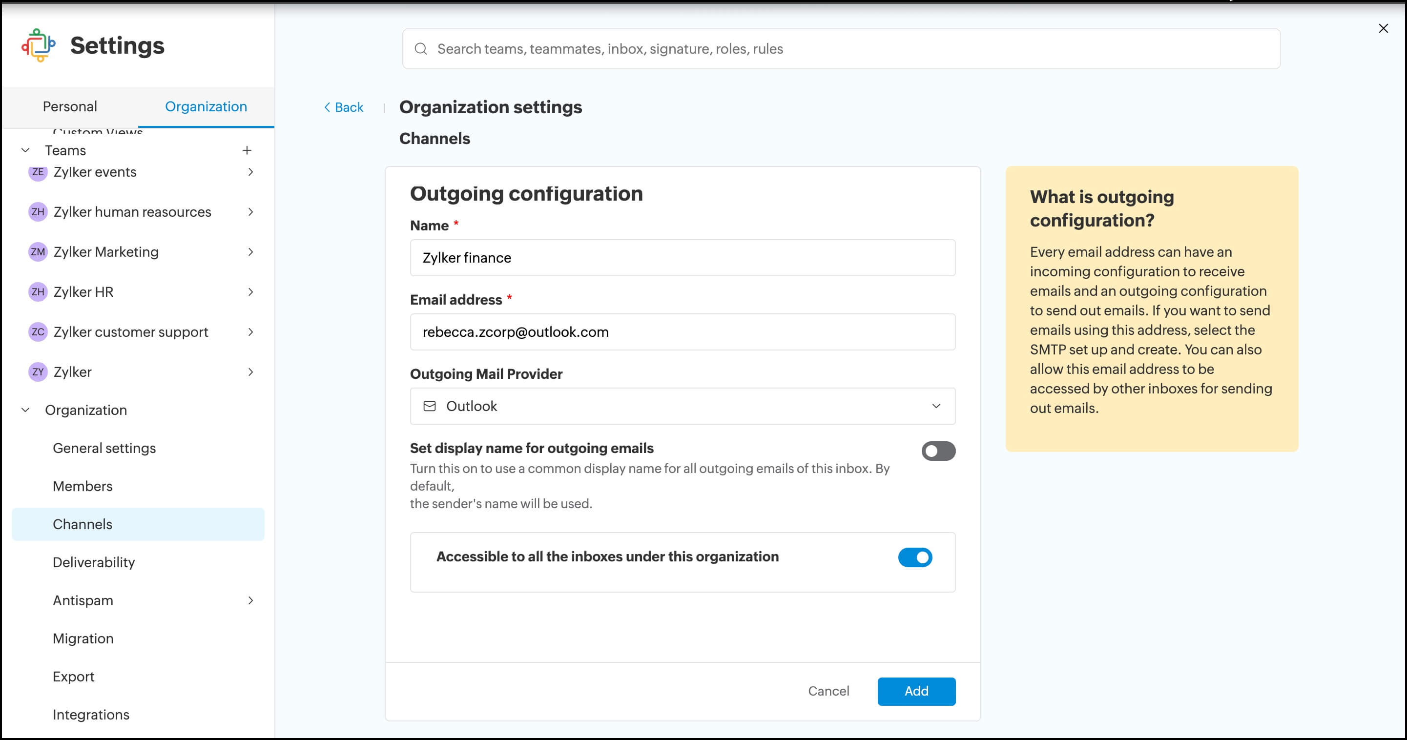 Outlook outgoing Email channel configuration