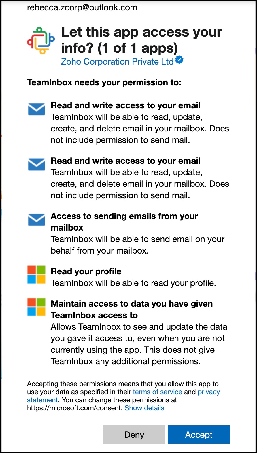 Outlook permission page