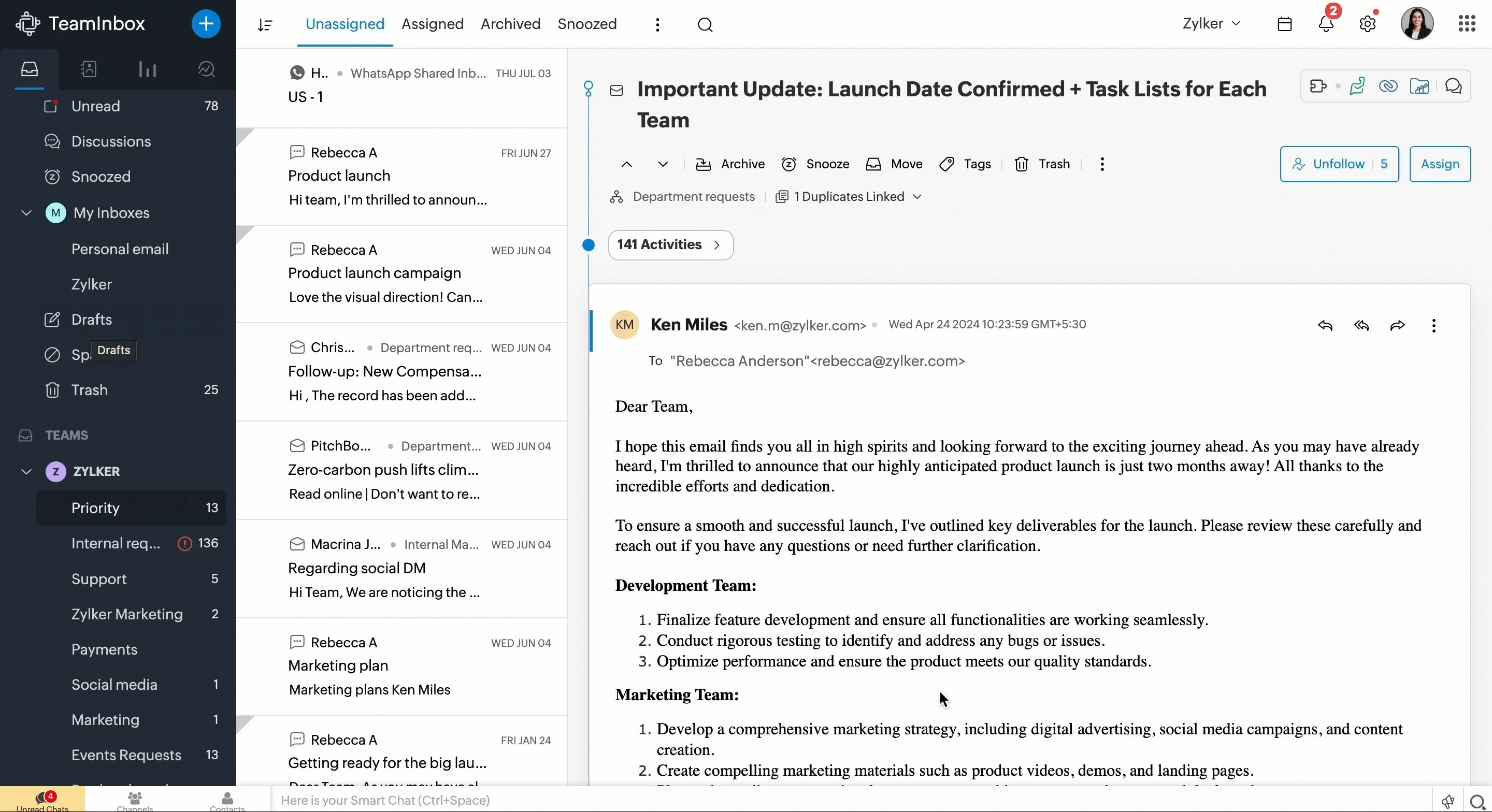 Rearrange thread views in Zoho TeamInbox