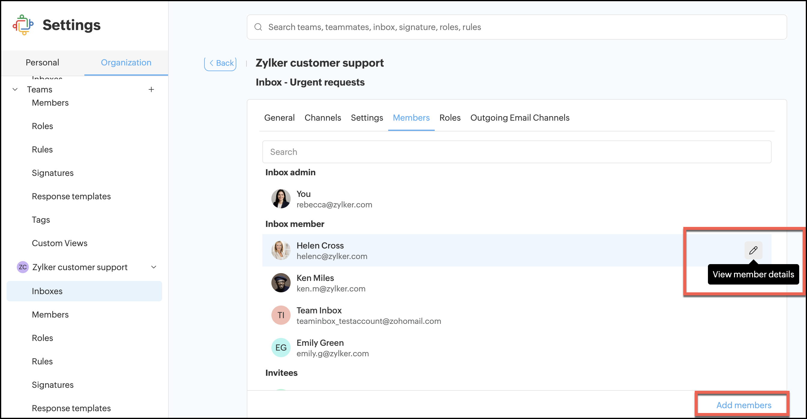 Inbox member settings Inbox member settings