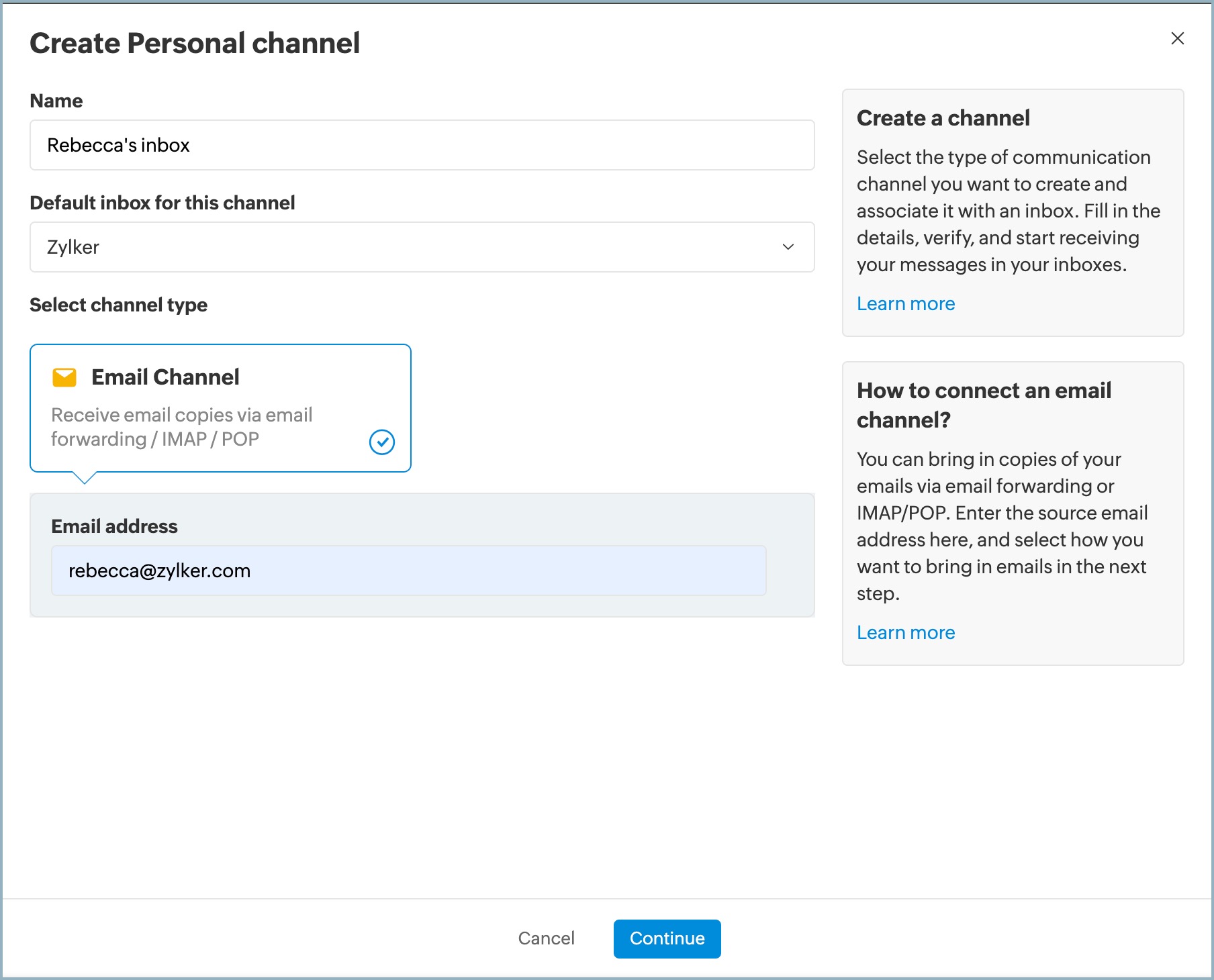 Creating personal email channel