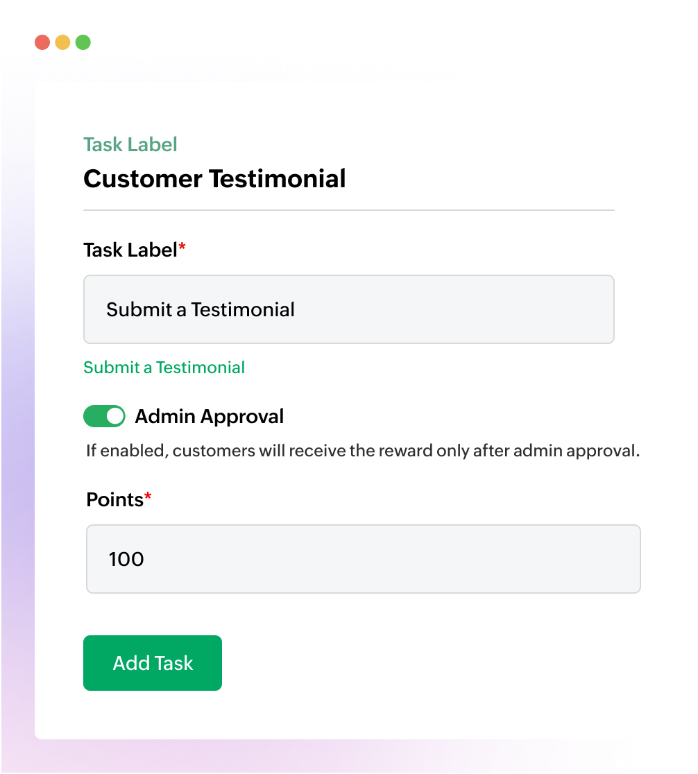 Loyalty software with a customer testimonial task