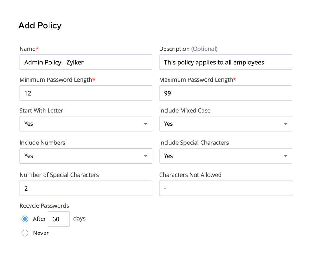 Create new password policy in Zoho Vault