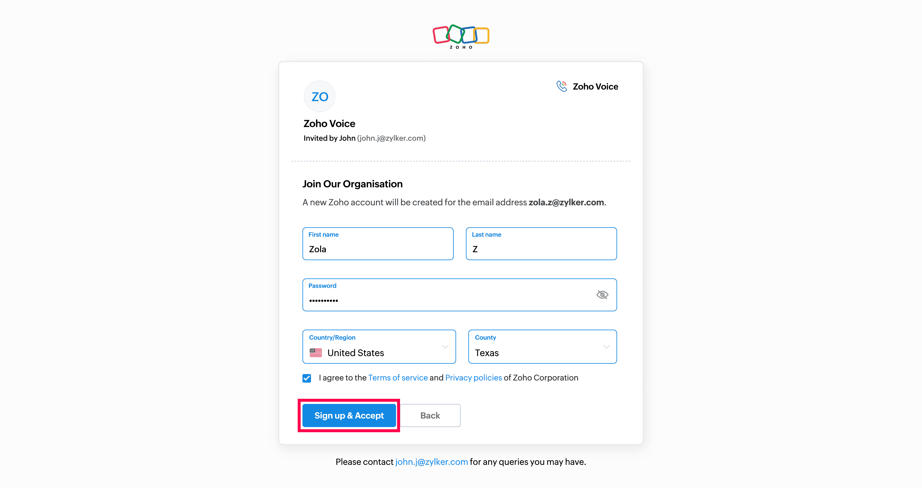 zoho voice sign up confirmation