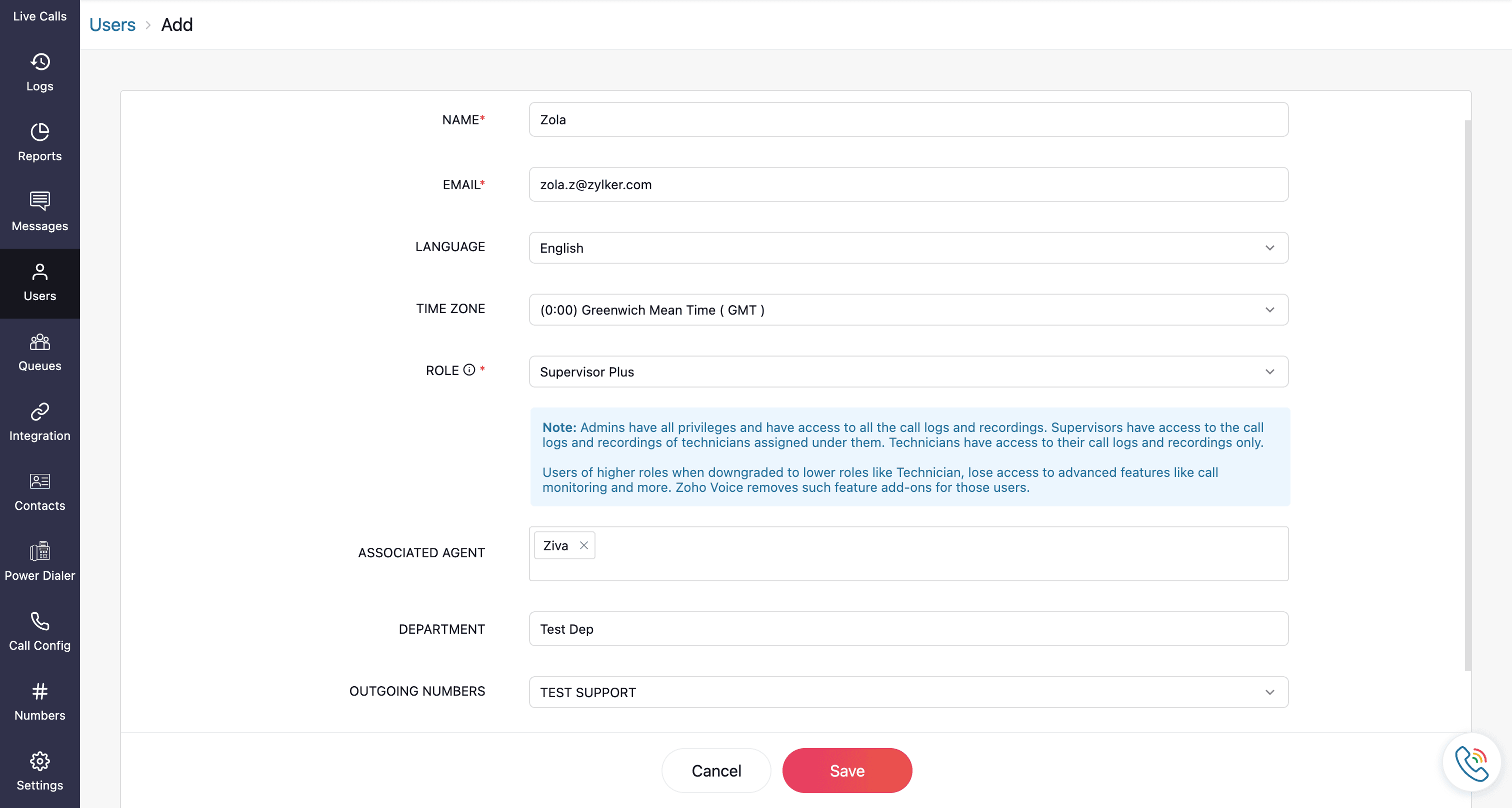 zoho voice user add