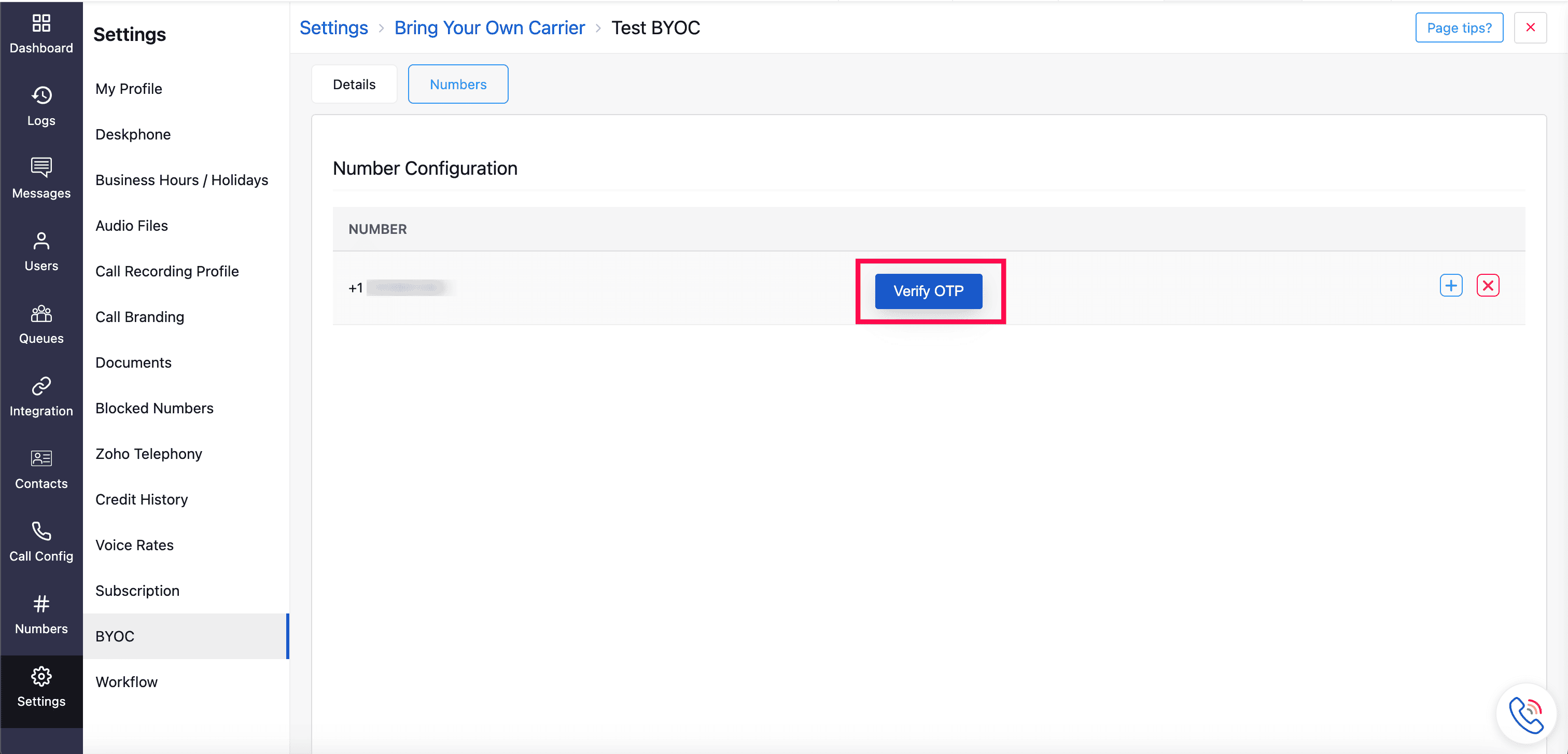 BYOC verify OTP