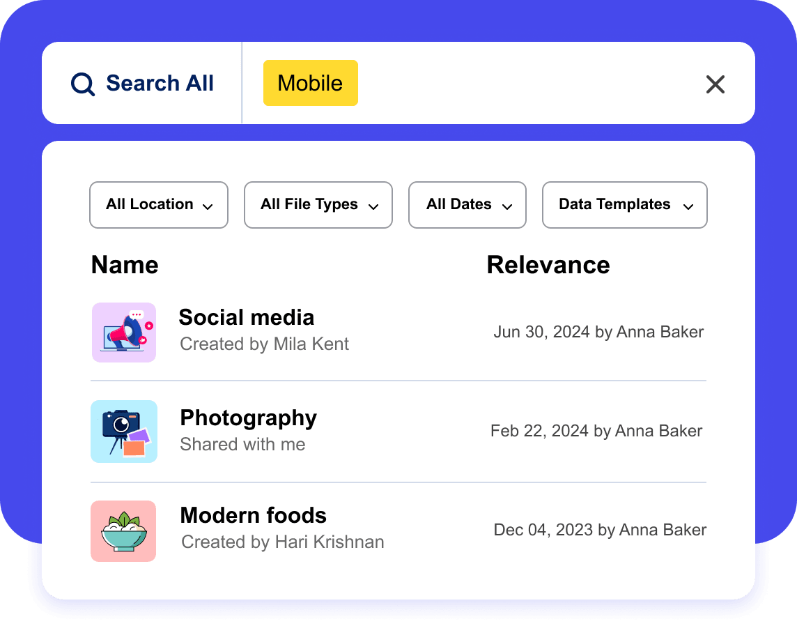 WorkDrive's Zia search feature interface showing OCR-powered document search
