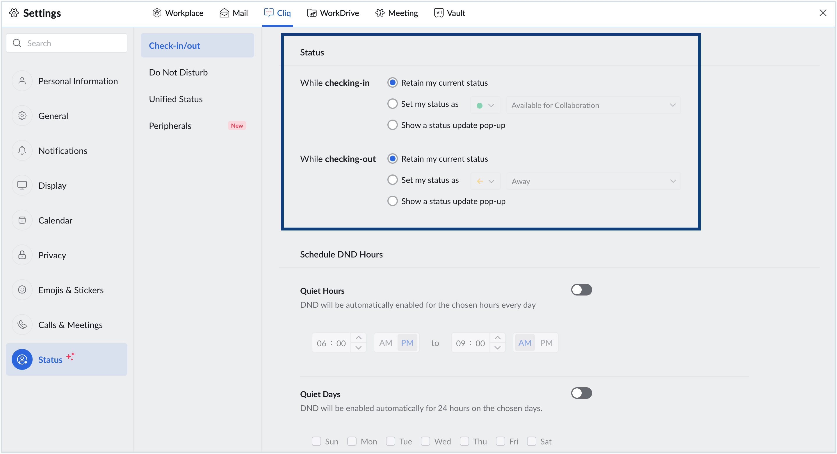 Screenshot of cliq's status settings Screenshot of cliq's status settings