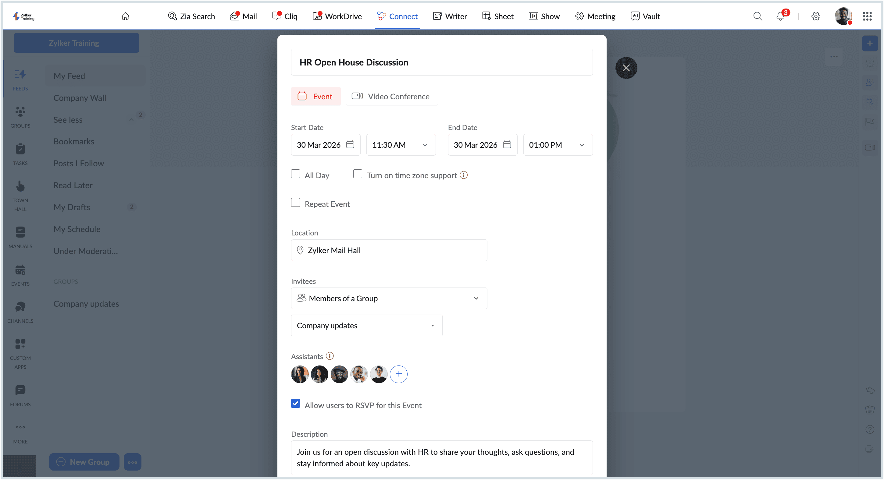 Screenshot to create an event Screenshot to create an event