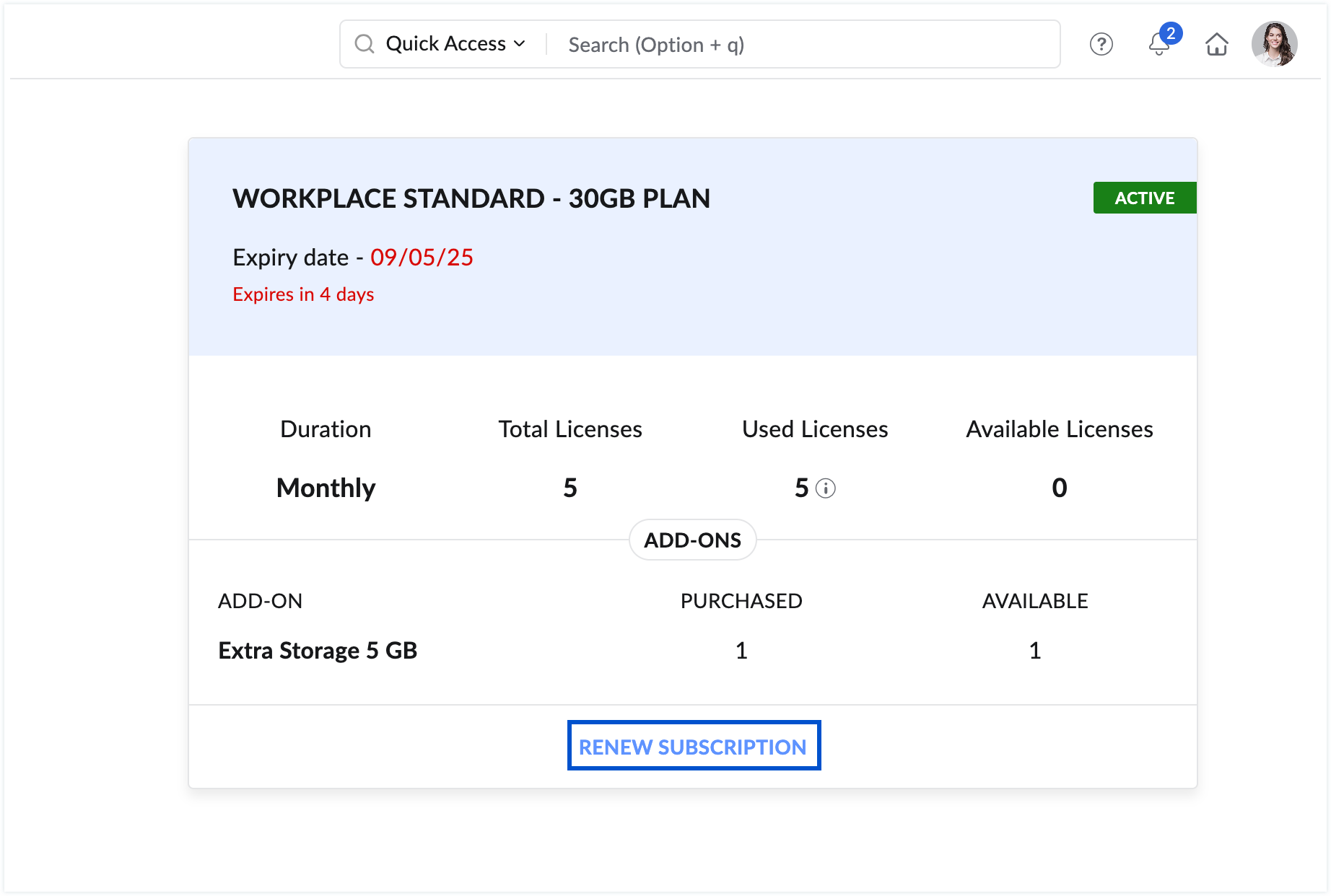 Screenshot of renewing subscription