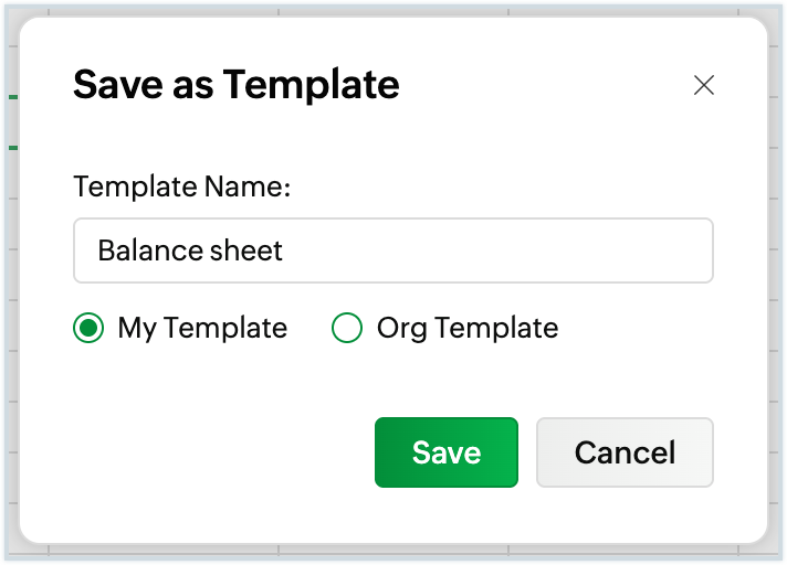 Screenshot of saving the sheet as template Screenshot of saving the sheet as template