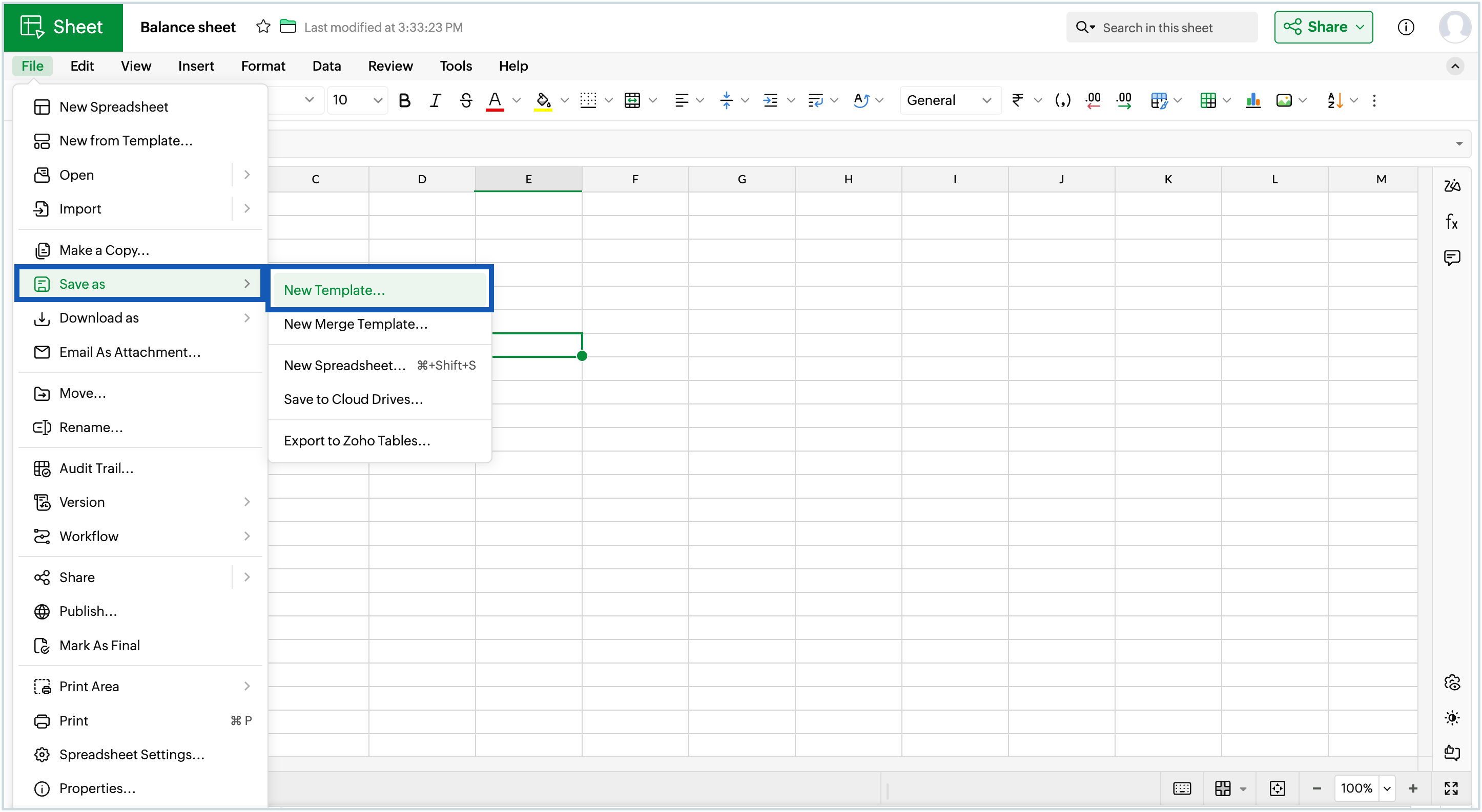 Screenshot of saving the sheet as template Screenshot of saving the sheet as template