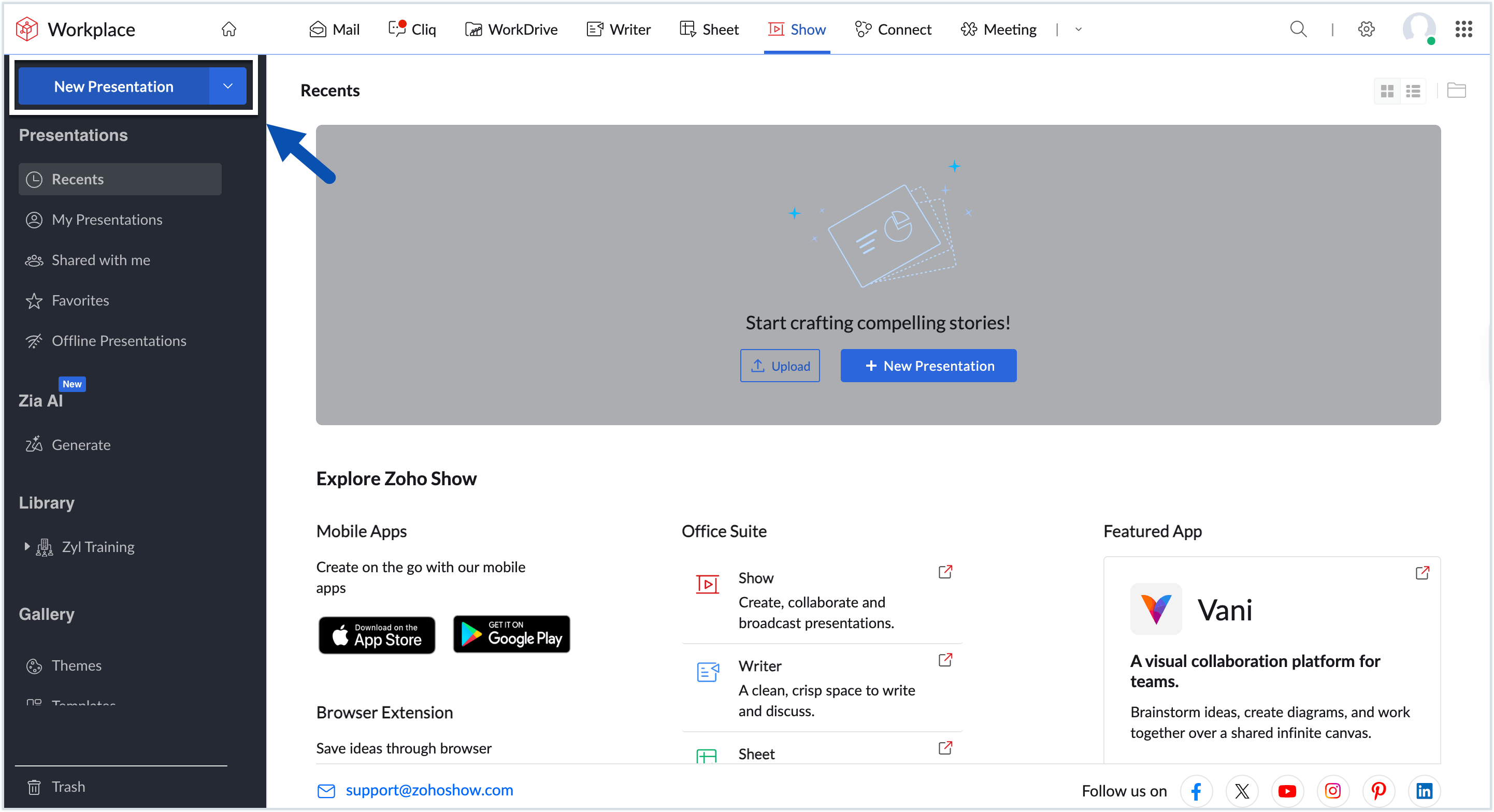 Screenshot to create a new presentation Screenshot to create a new presentation