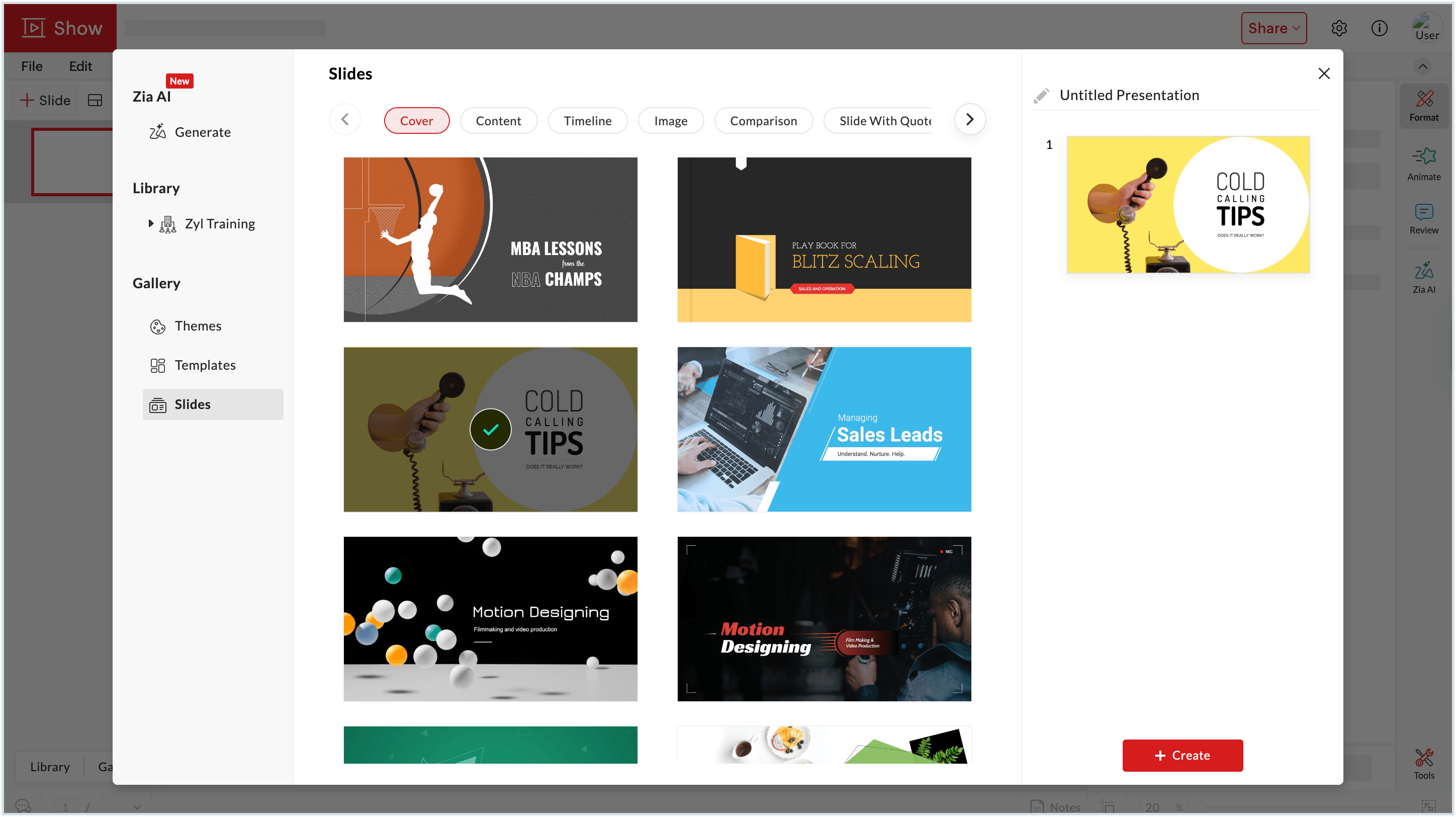 Screenshot of the slides section Screenshot of the slides section