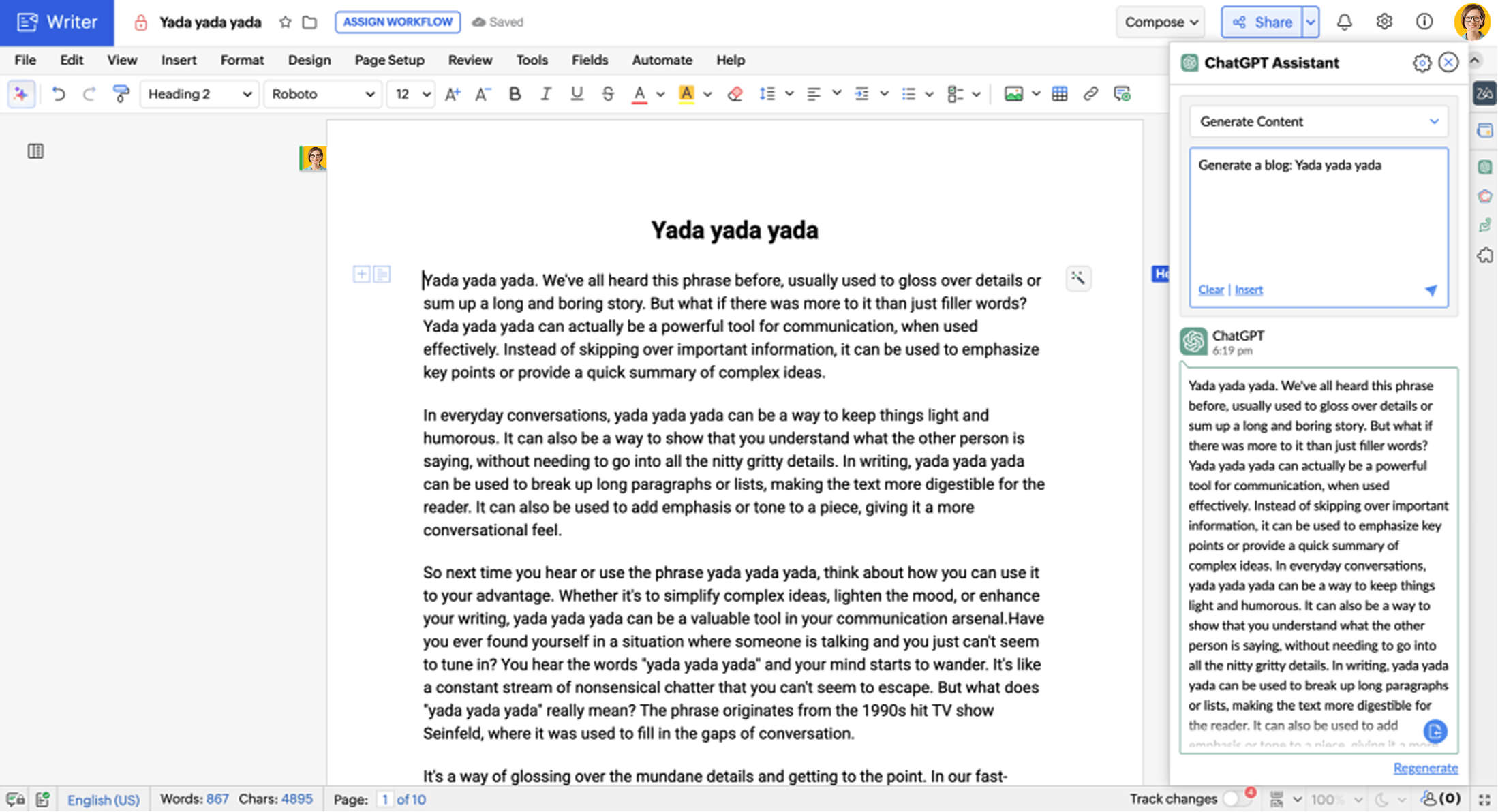 Writer and ChatGPT in a single window