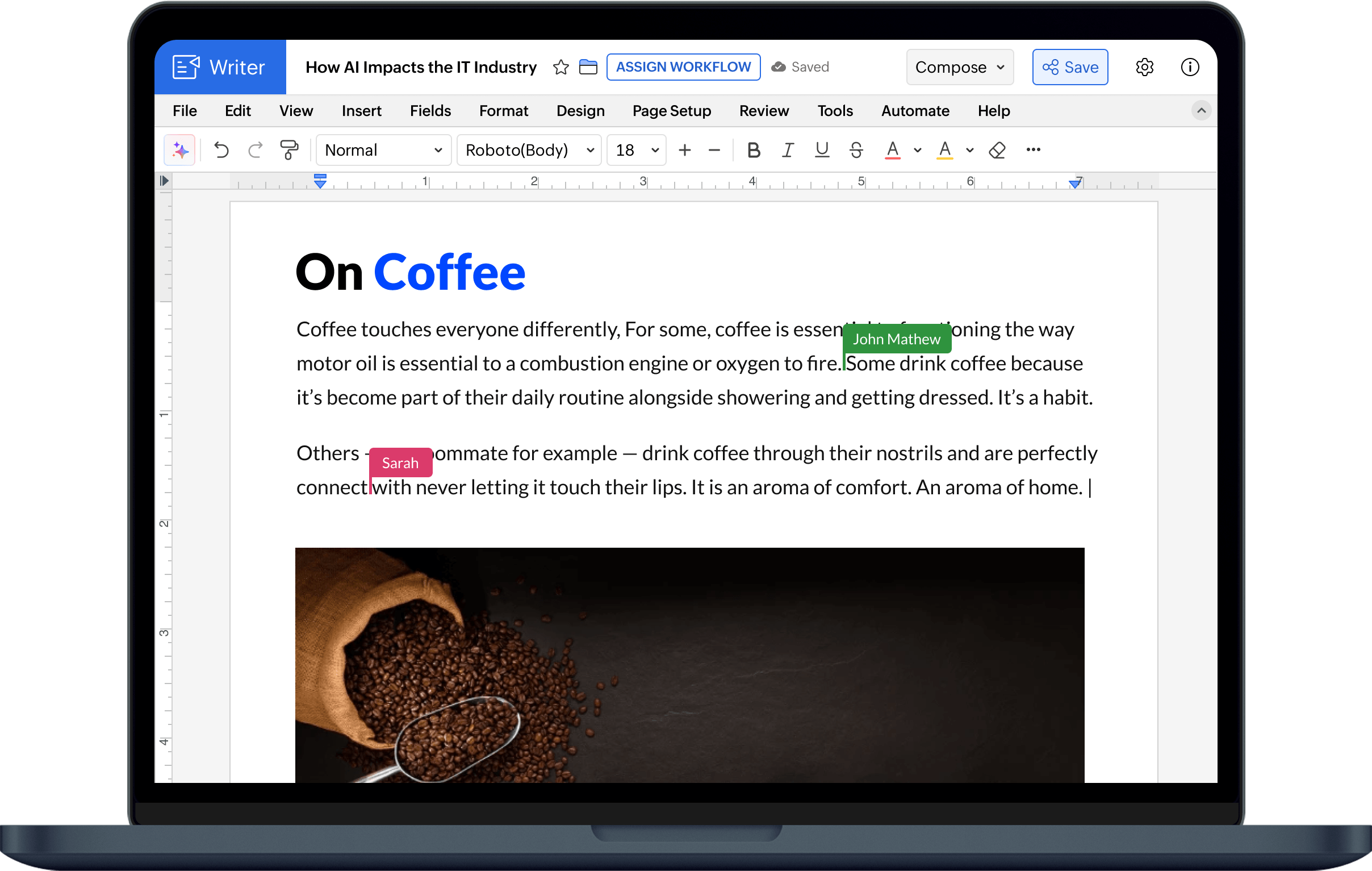 Zoho Writer open on a MacBook Pro