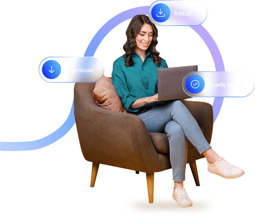 Woman using Zoho Writer on a laptop with Download, Install and Ready to use badges